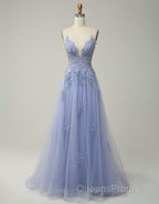 A-Line Tulle Spaghetti Straps Appliques Long Evening Prom Dress with Alit