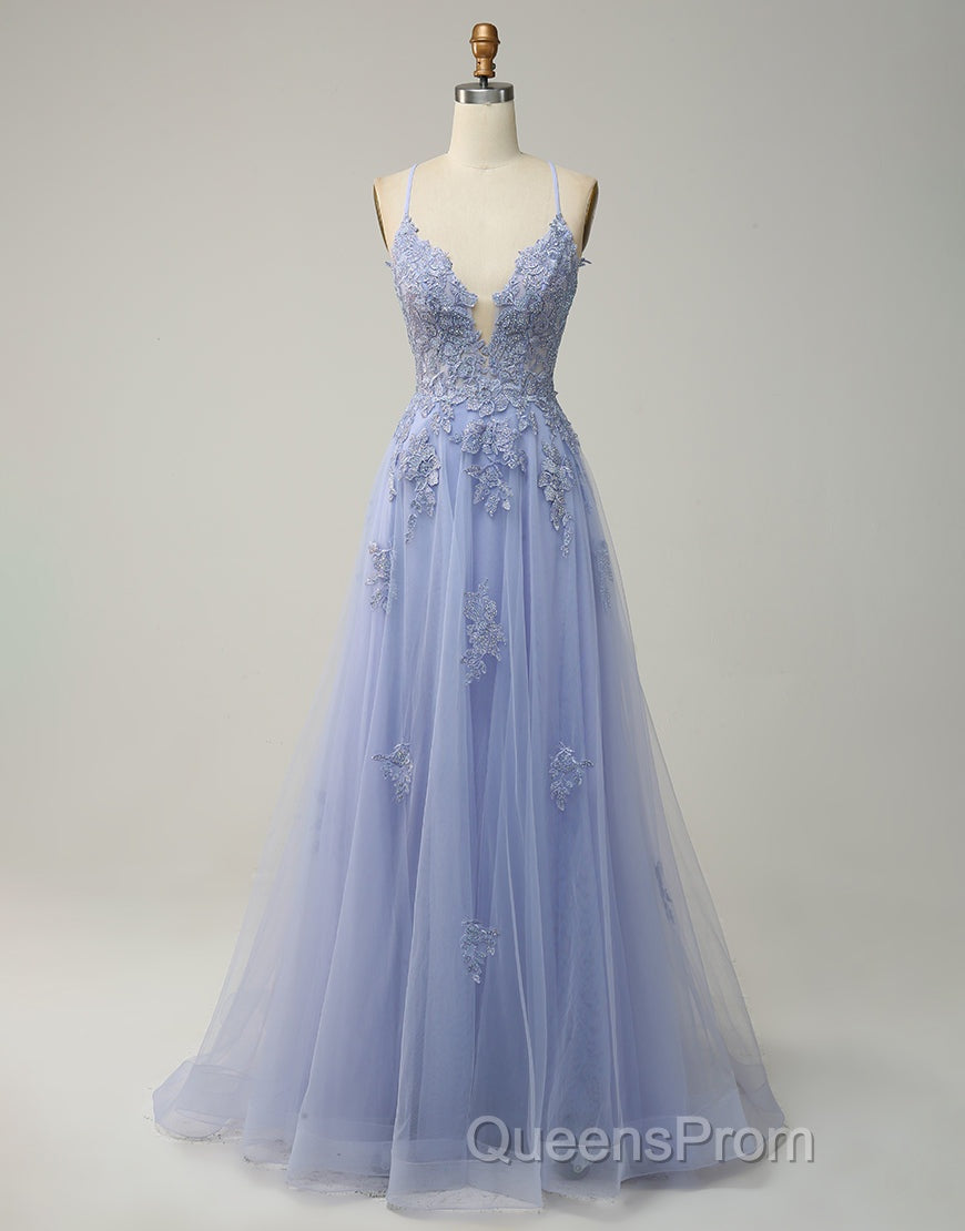 A-Line Tulle Spaghetti Straps Appliques Long Evening Prom Dress with Alit