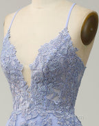 A-Line Tulle Spaghetti Straps Appliques Long Evening Prom Dress with Alit