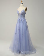 A-Line Tulle Spaghetti Straps Appliques Long Evening Prom Dress with Alit