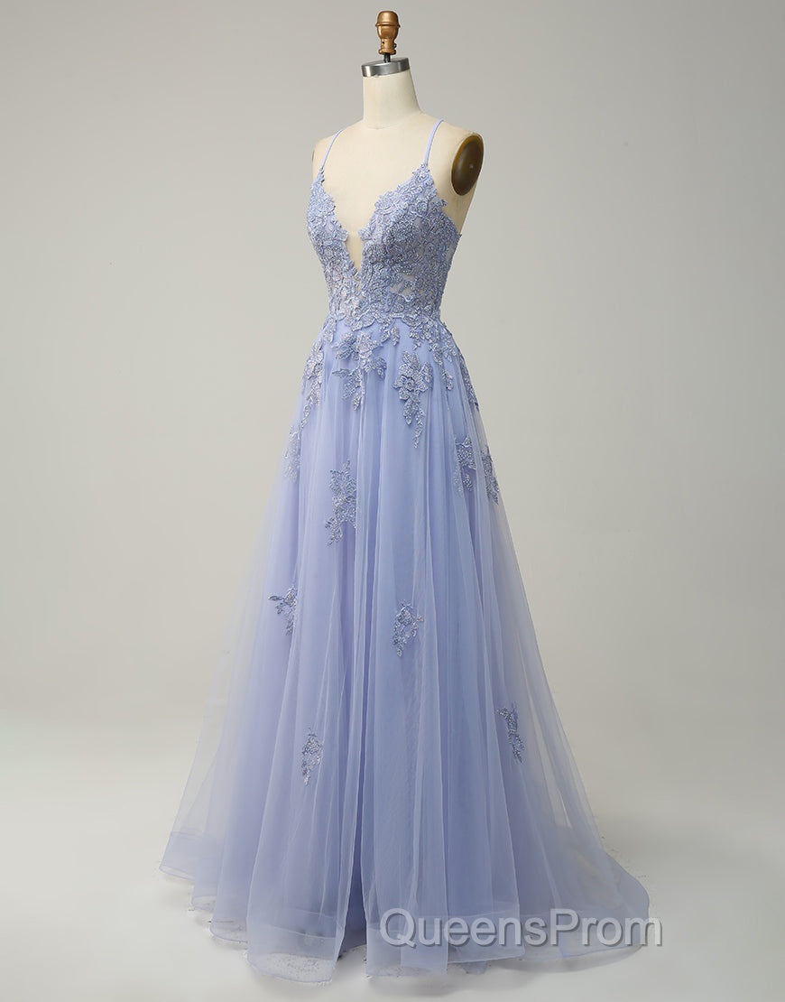 A-Line Tulle Spaghetti Straps Appliques Long Evening Prom Dress with Alit