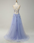 A-Line Tulle Spaghetti Straps Appliques Long Evening Prom Dress with Alit