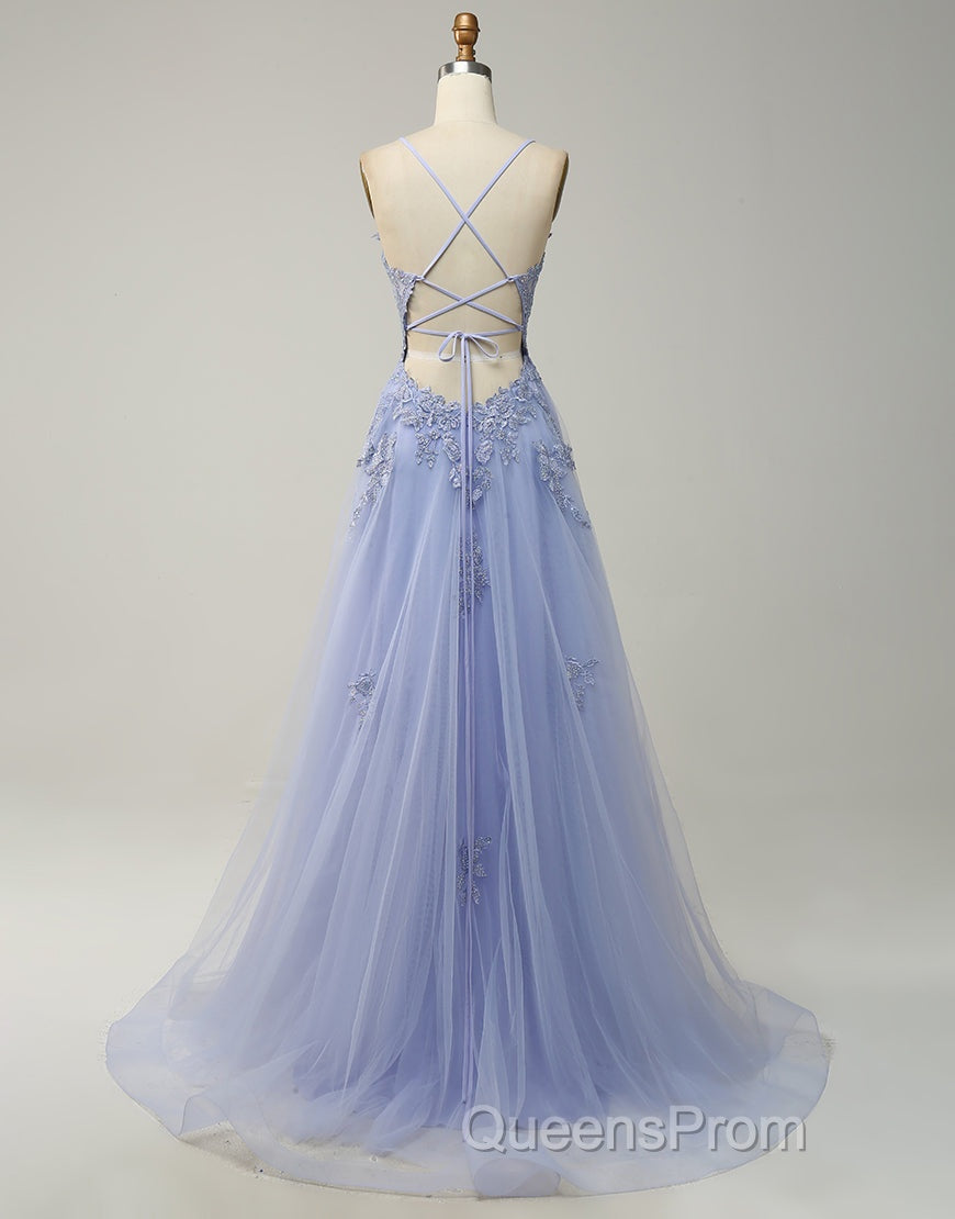 A-Line Tulle Spaghetti Straps Appliques Long Evening Prom Dress with Alit