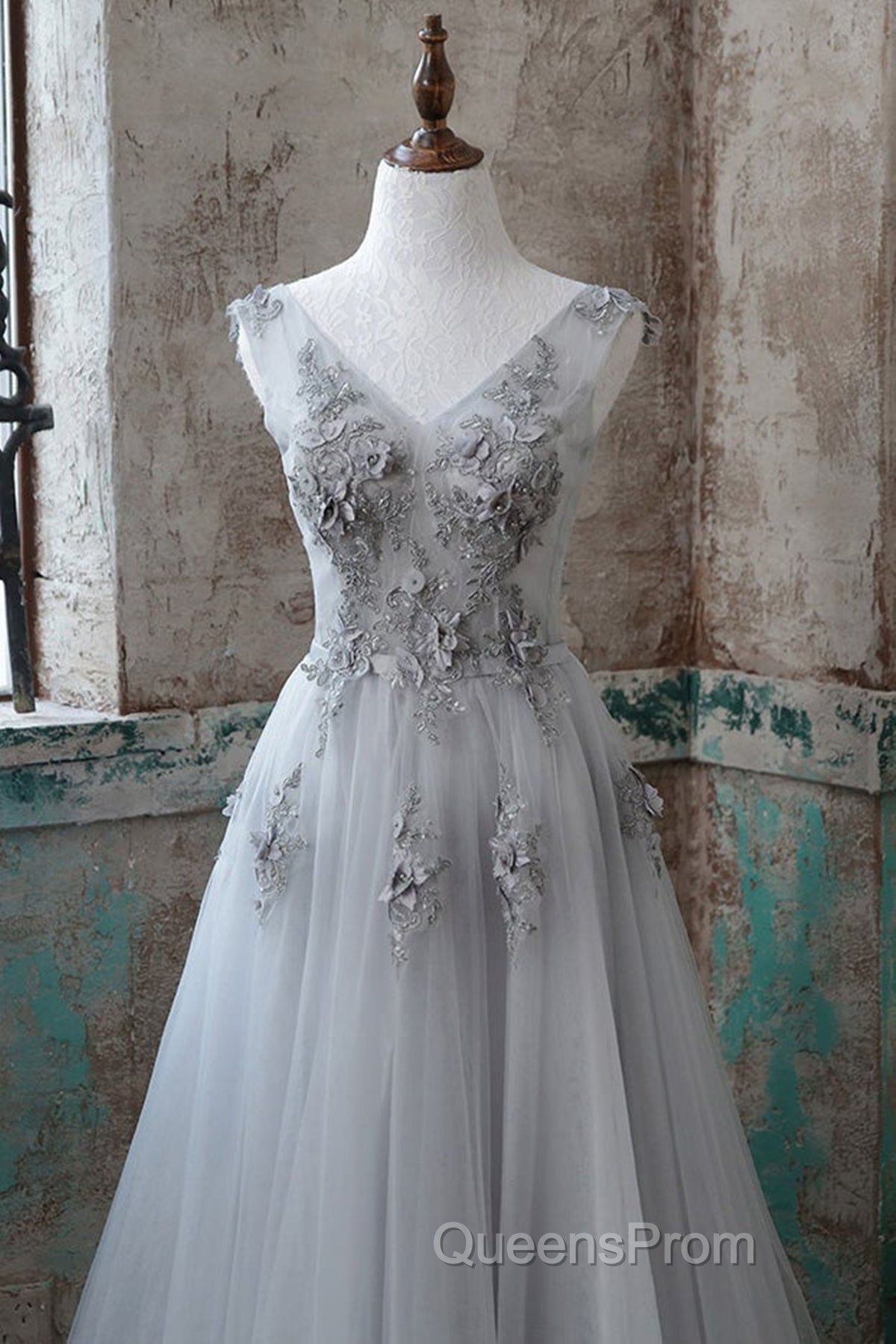 Grey V-Neckline Tulle With Lace Long Formal Dress, Grey A-Line Evening Prom Dress