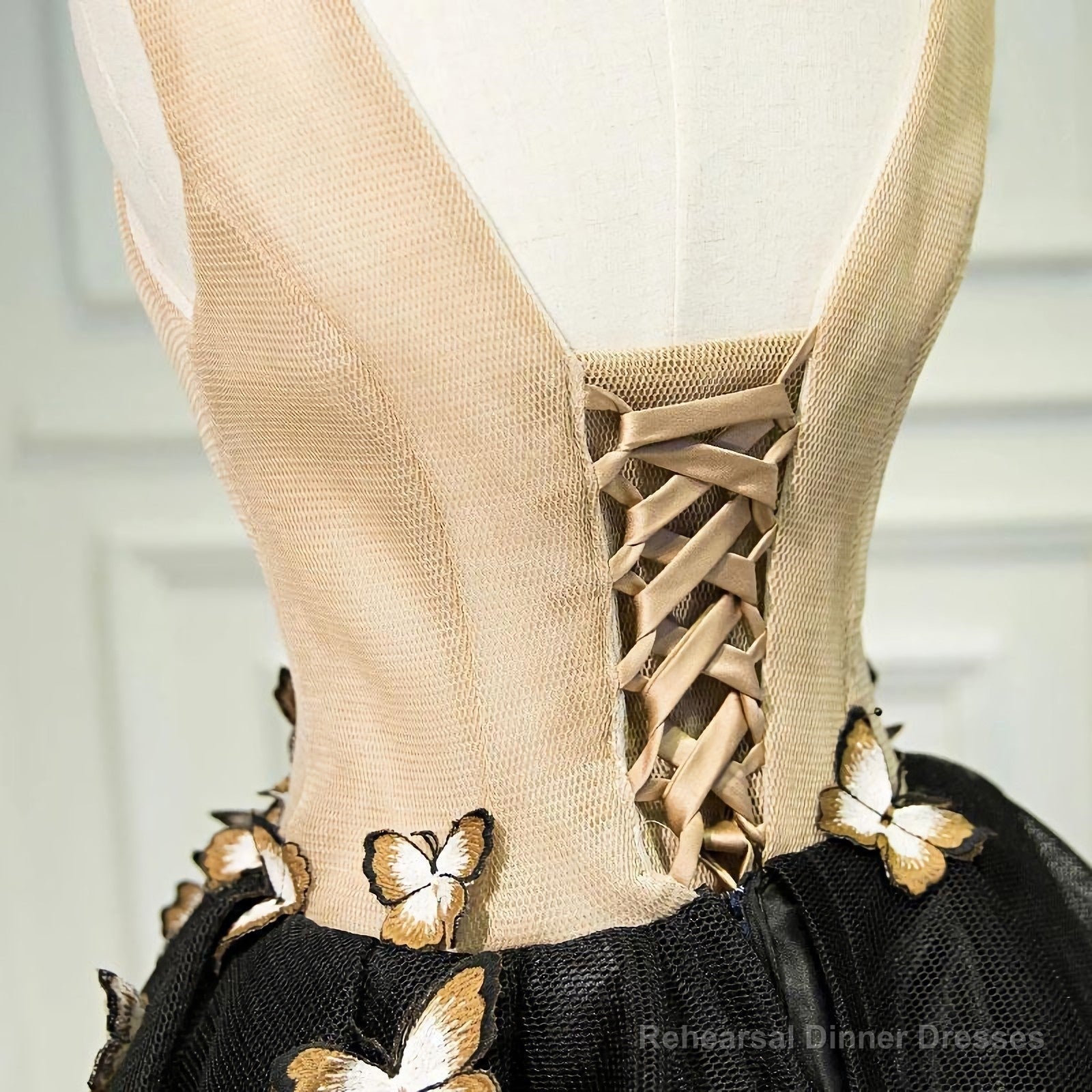 A Line Black V Neck Lace Up Homecoming Dresses, Sleeveless Prom Dress With Butterfly