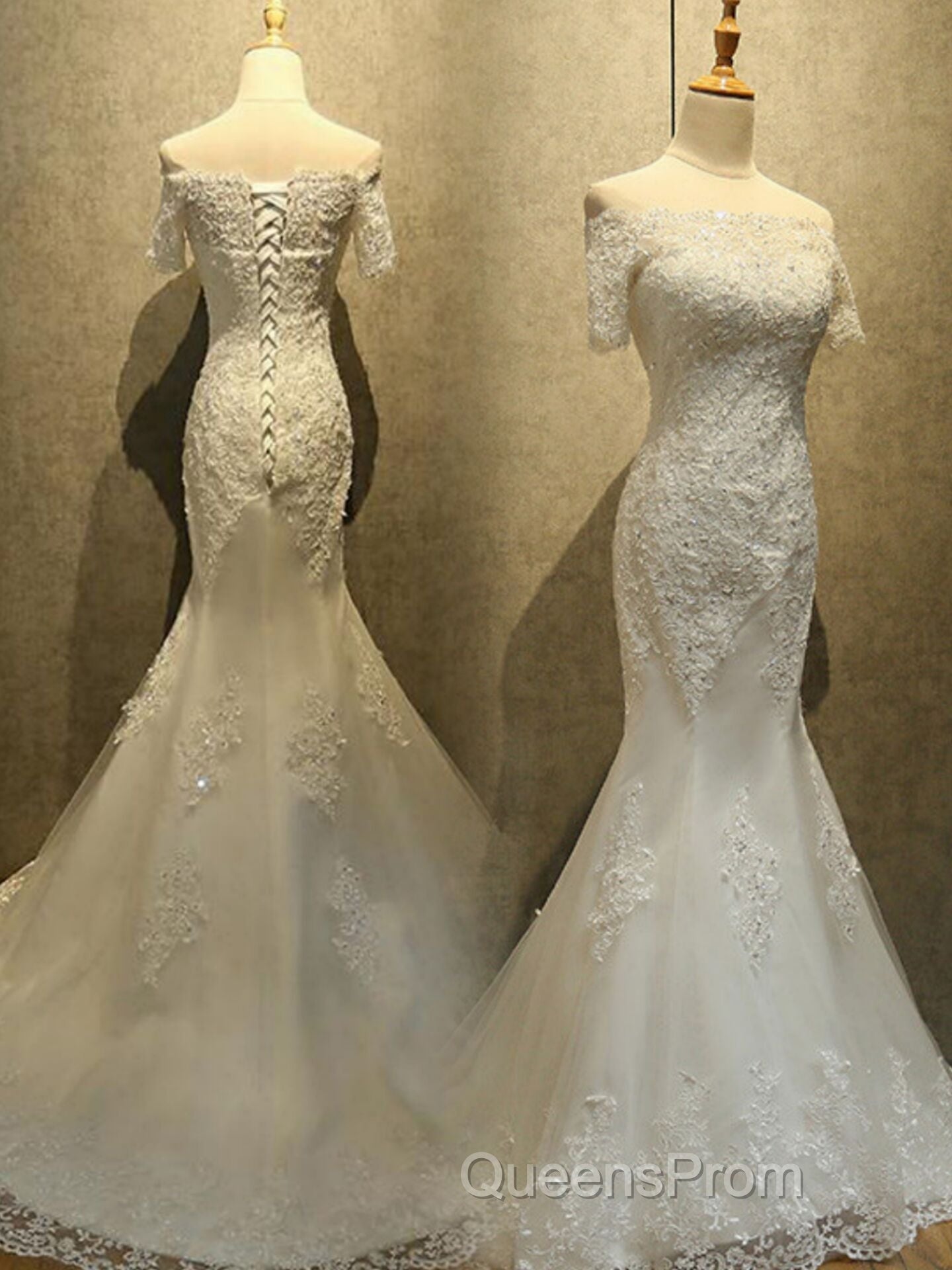 Mermaid Off Shoulder Sleeveless Lace Beading Watteau Train Wedding Dress