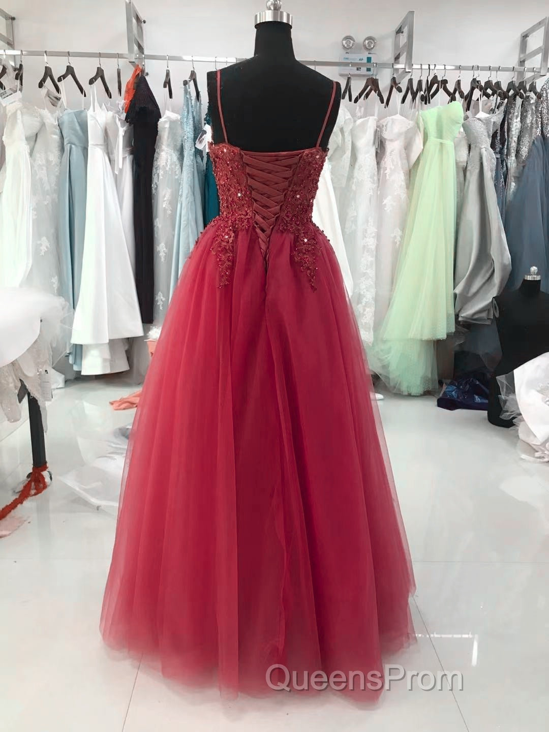 Wine Red Tulle Straps Lace Applique Long Formal Dress, Wine Red Evening Prom Dress Secondary image
