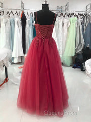 Wine Red Tulle Straps Lace Applique Long Formal Dress, Wine Red Evening Prom Dress
