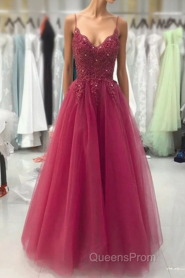 Wine Red Tulle Straps Lace Applique Long Formal Dress, Wine Red Evening Prom Dress Main image