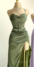 straps mermaid long formal Dress Evening Prom Dress with side slit and cowl neck