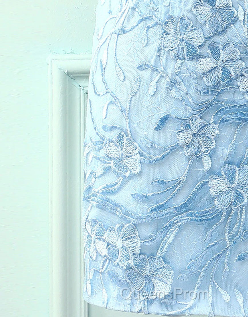 Baby Blue Spaghetti Straps Tight Homecoming Dress With Appliques