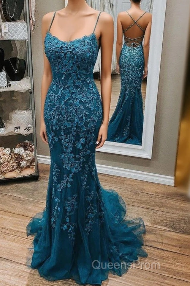 Mermaid Lace Appliques Straps Long Evening Prom Dress Evening Dress Main image