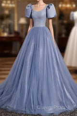 Ball Gown Dusty Blue Evening Prom Dress with Bubble Sleeves