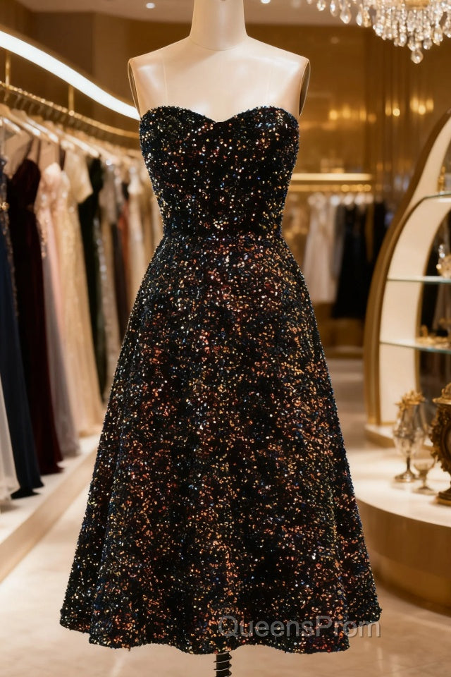 Black A-Line Tea Length Strapless Glitter Sequin Party Dress Main image