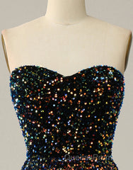 Black A-Line Tea Length Strapless Glitter Sequin Party Dress
