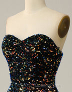 Black A-Line Tea Length Strapless Glitter Sequin Party Dress