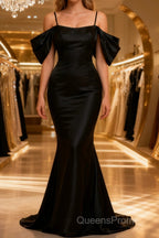 Black Off The Shoulder Criss-Cross Back Long Satin Evening Prom Dress