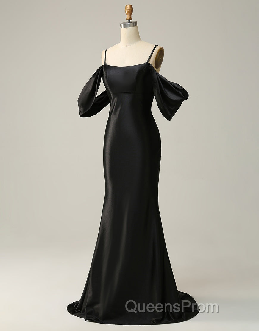 Black Off The Shoulder Criss-Cross Back Long Satin Evening Prom Dress