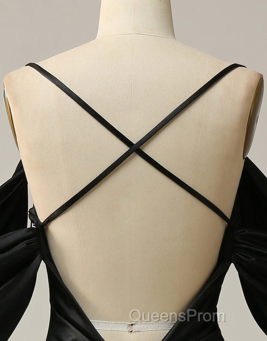 Black Off The Shoulder Criss-Cross Back Long Satin Evening Prom Dress