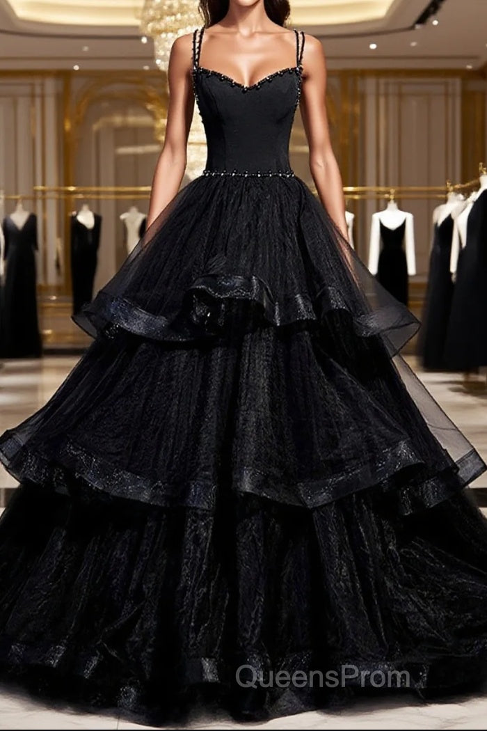 Black Tulle Open Back V Neck Beaded Layered Long Evening Prom Dress Main image