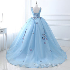 Blue Butterfly Flowers Lace Up Ball Gowns Long Evening Prom Dress