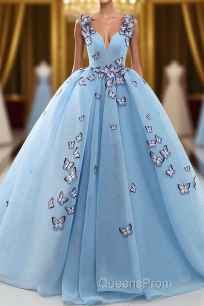 Blue Butterfly Flowers Lace Up Ball Gowns Long Evening Prom Dress Main image