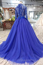 Blue Long Sleeves V Neck Tulle Evening Prom Dress with Beading