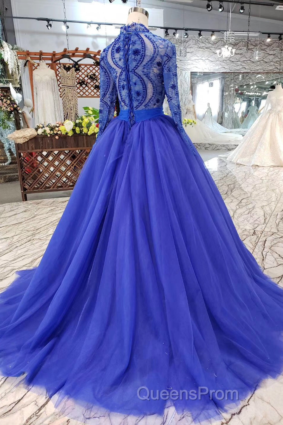 Blue Long Sleeves V Neck Tulle Evening Prom Dress with Beading