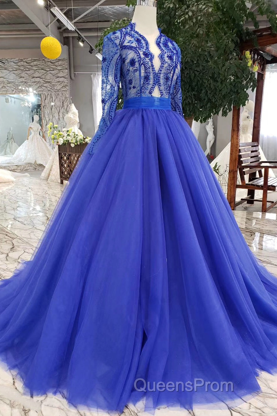 Blue Long Sleeves V Neck Tulle Evening Prom Dress with Beading Secondary image