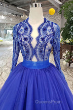 Blue Long Sleeves V Neck Tulle Evening Prom Dress with Beading