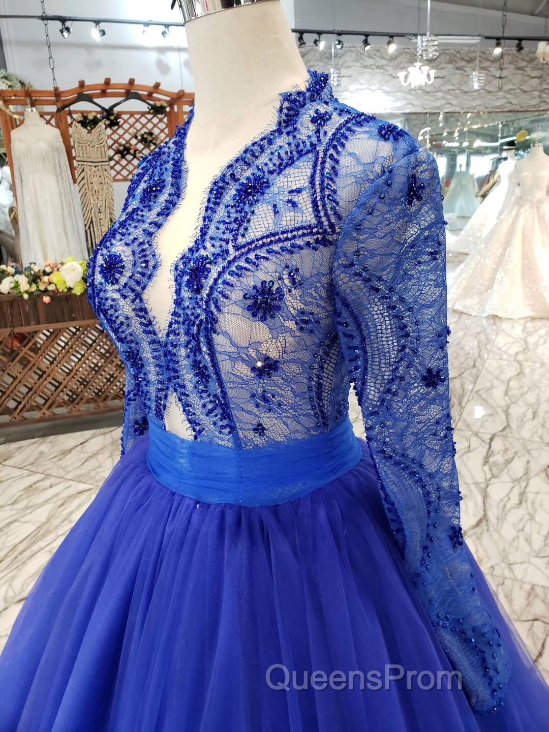 Blue Long Sleeves V Neck Tulle Evening Prom Dress with Beading
