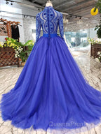 Blue Long Sleeves V Neck Tulle Evening Prom Dress with Beading