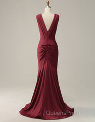 Burgundy Mermaid V-Neck Long Glitter Evening Prom Dress With Pleating