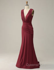 Burgundy Mermaid V-Neck Long Glitter Evening Prom Dress With Pleating