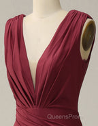 Burgundy Mermaid V-Neck Long Glitter Evening Prom Dress With Pleating