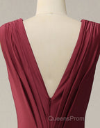 Burgundy Mermaid V-Neck Long Glitter Evening Prom Dress With Pleating