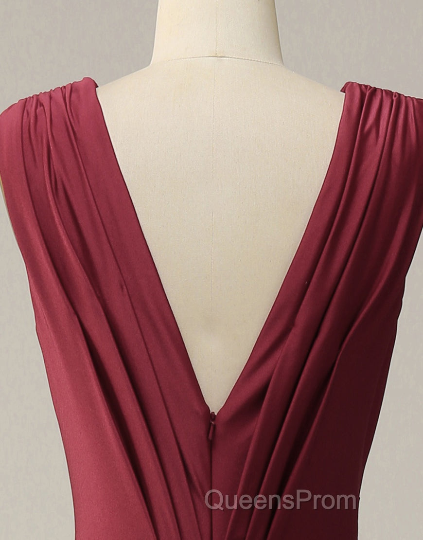 Burgundy Mermaid V-Neck Long Glitter Evening Prom Dress With Pleating