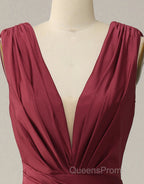Burgundy Mermaid V-Neck Long Glitter Evening Prom Dress With Pleating