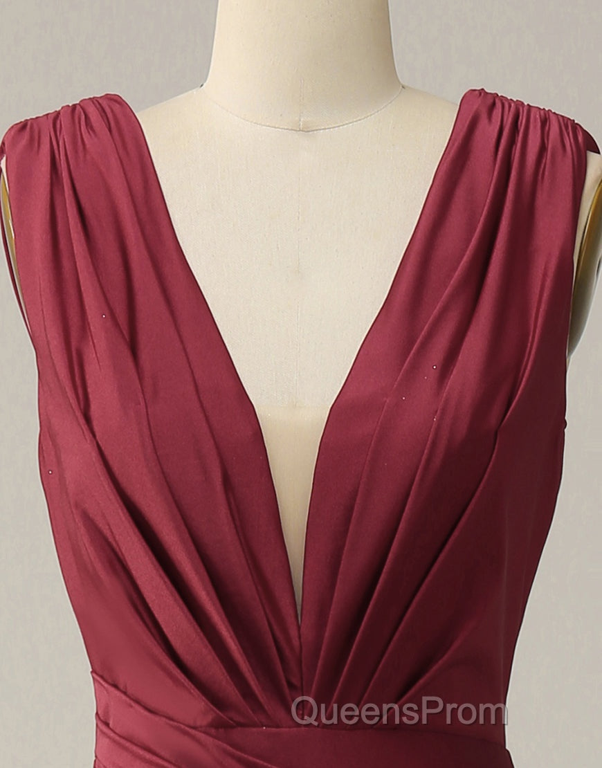 Burgundy Mermaid V-Neck Long Glitter Evening Prom Dress With Pleating