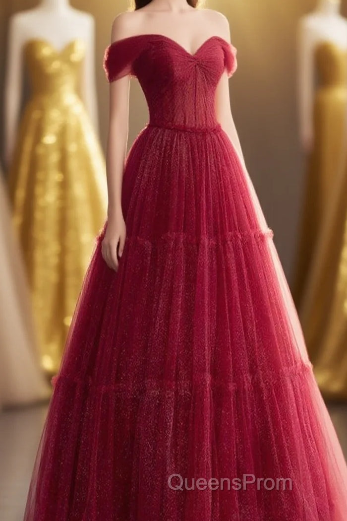 A-line Sweetheart Neck Tulle Burgundy Long Evening Prom Dress, Off Shoulder Burgundy Formal Dress Main image