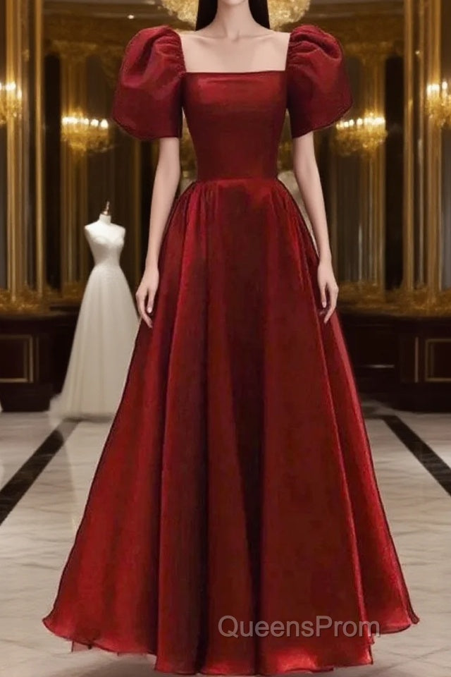 Burgundy A Line Long Evening Prom Dress with Short Sleeves, New Party Gown Main image