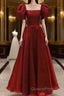 Burgundy A Line Long Evening Prom Dress with Short Sleeves, New Party Gown
