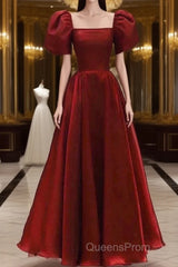 Burgundy A Line Long Evening Prom Dress with Short Sleeves, New Party Gown