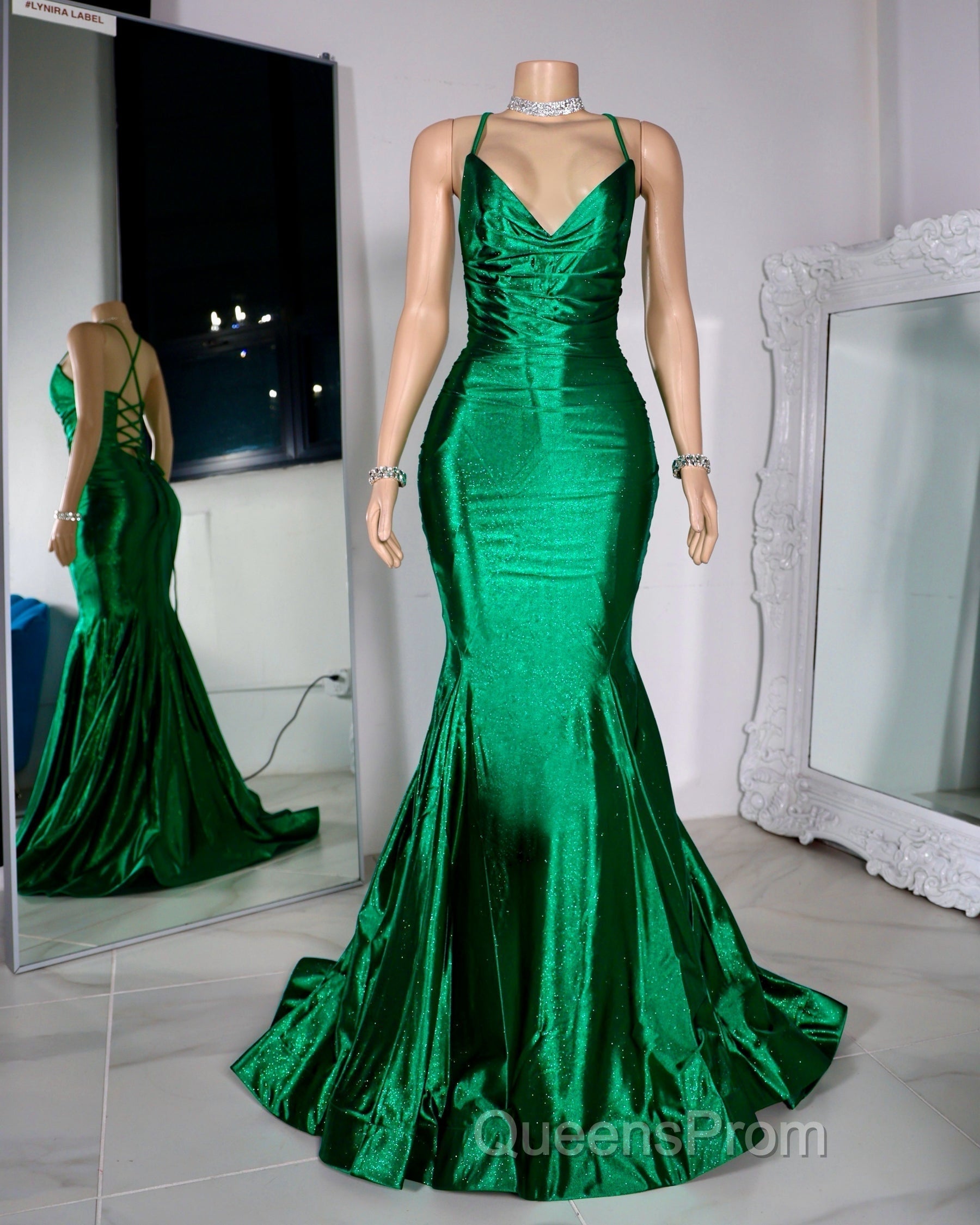 Satin Trumpet V-Neck Spaghetti Straps Evening Prom Evening Dress For Black Girls