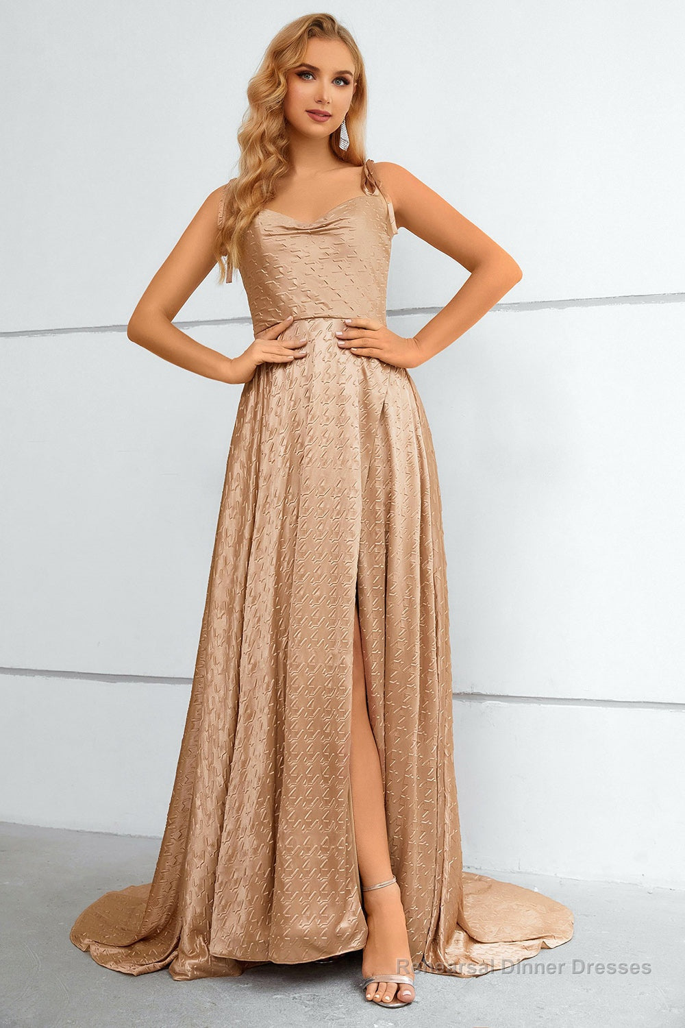 White Spaghetti Straps Bowknot Prom Dress With Slit
