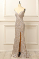 Silver Sequins Long Evening Prom Dress with Slit