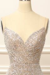 Silver Sequins Long Evening Prom Dress with Slit