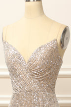 Silver Sequins Long Evening Prom Dress with Slit