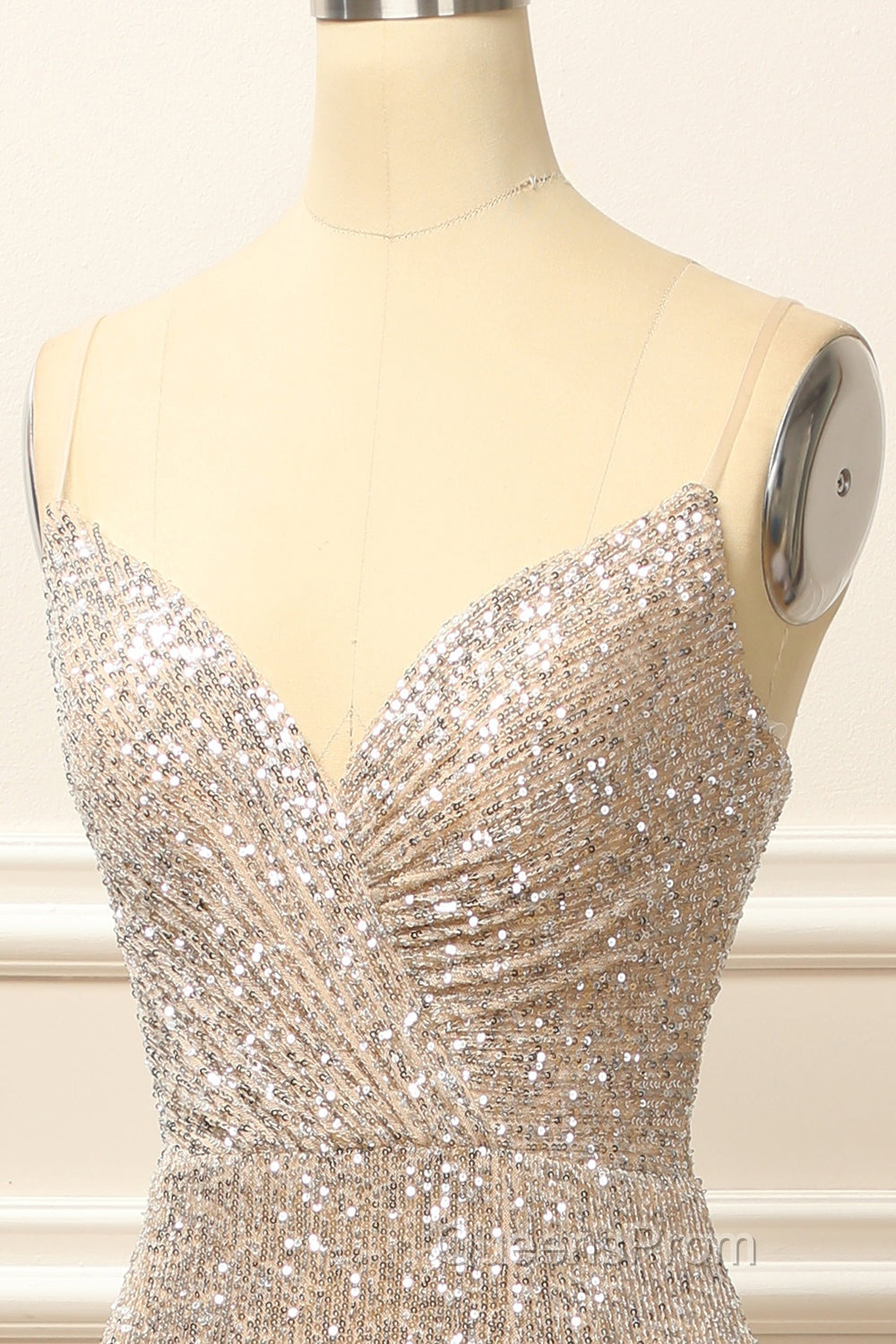 Silver Sequins Long Evening Prom Dress with Slit