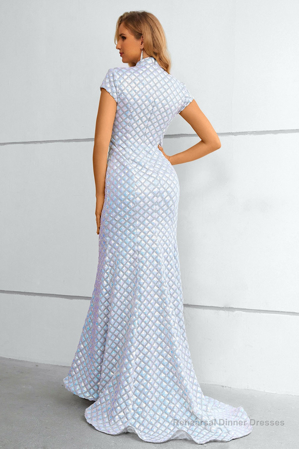 Light Blue Sequined High Neck Short Sleeves Mermaid Prom Dress Secondary image